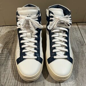 P448 White and Navy High-Top Sneakers